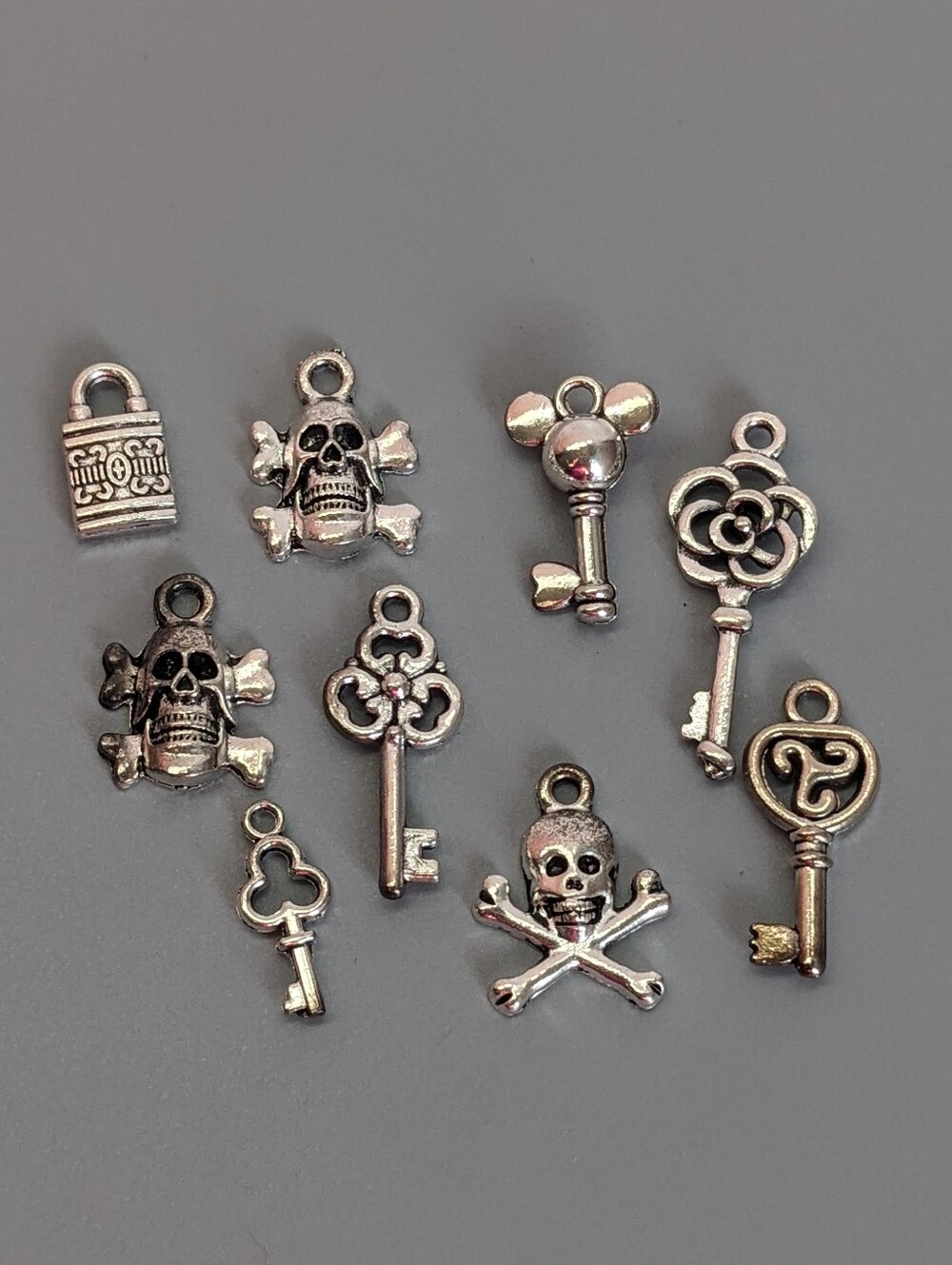 Nine Piece Silver Tone Charm Lot Keys Skulls Lock Jewelry Making Craft Supply